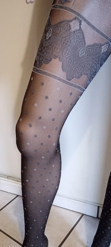 Collant Noir Voile Fin Fantaisie Effet Bas Jarretelles Taille Unique