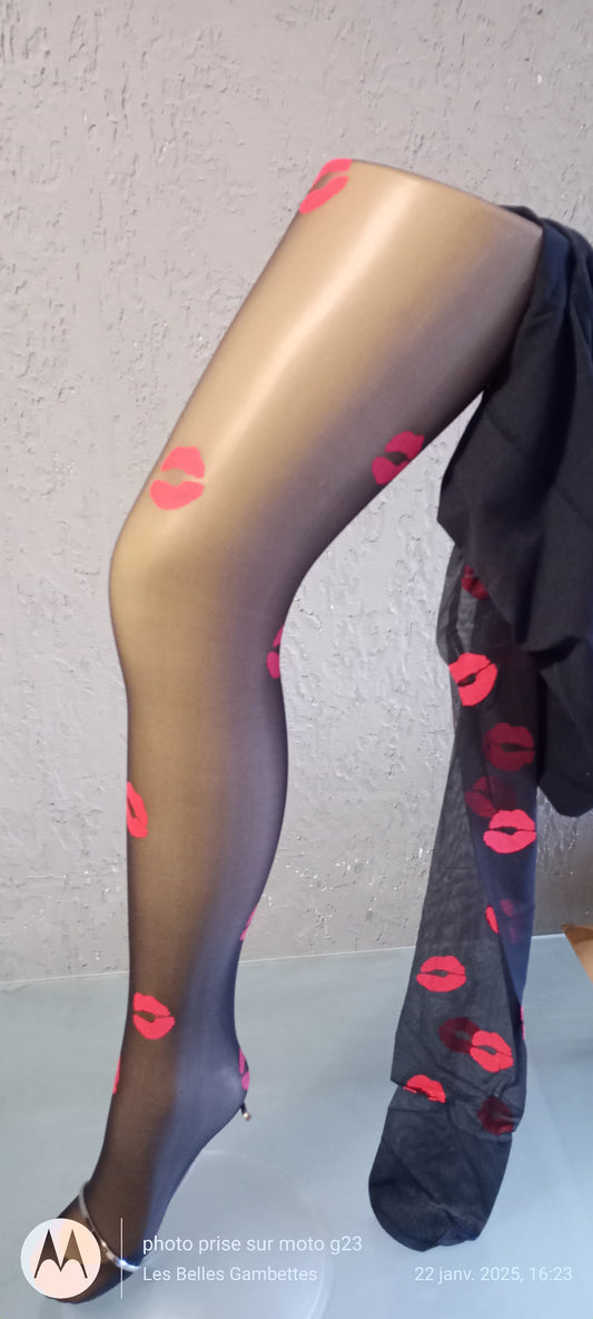 Collant Fin Noir Fantaisie Motif Lèvres  Taille Unique S/M