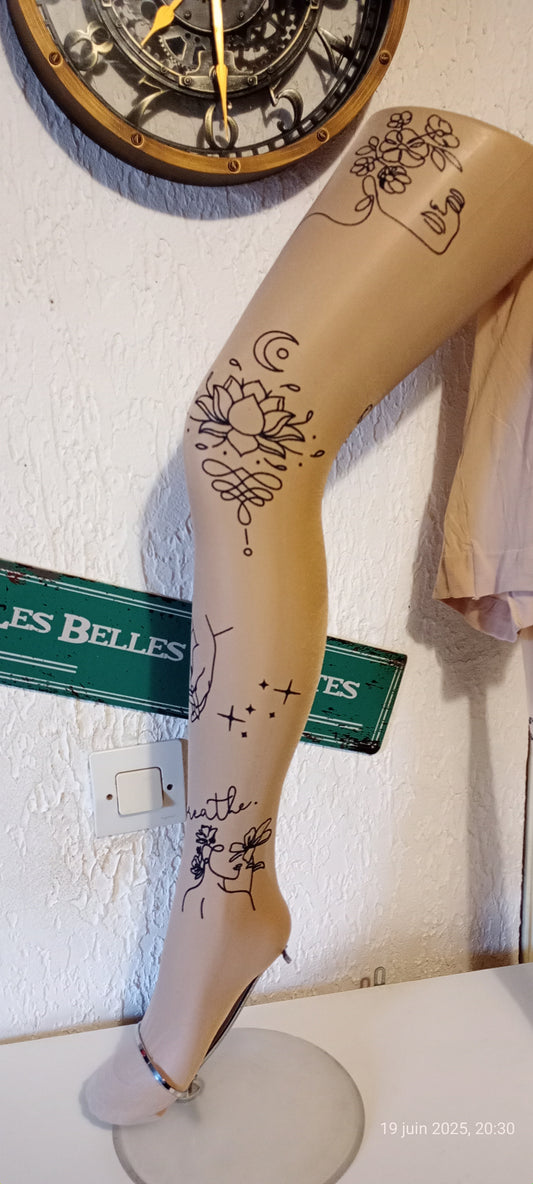 Collant Effet Tatoo Beige Brillant Taille Unique