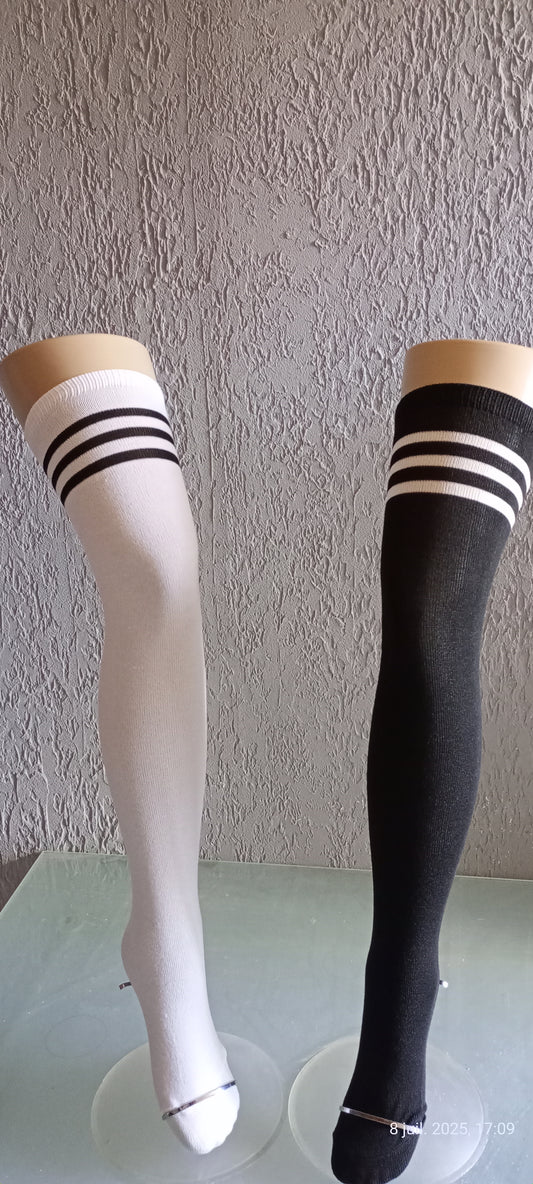 2 Paires Chaussettes Hautes Coton Mélangé Noir + Blanc Taille Unique